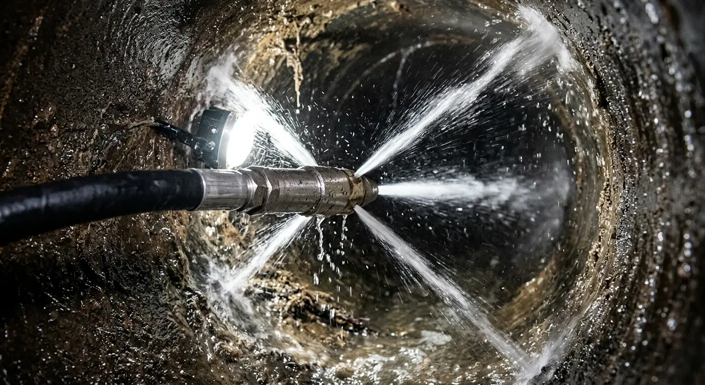 High-pressure hydro jetting nozzle cleaning sewer pipe for Emergency Drain Service in Mandan