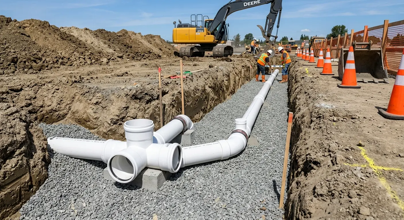 New PVC sewer pipe installation in open trench for Grease Trap Cleaning in Mandan